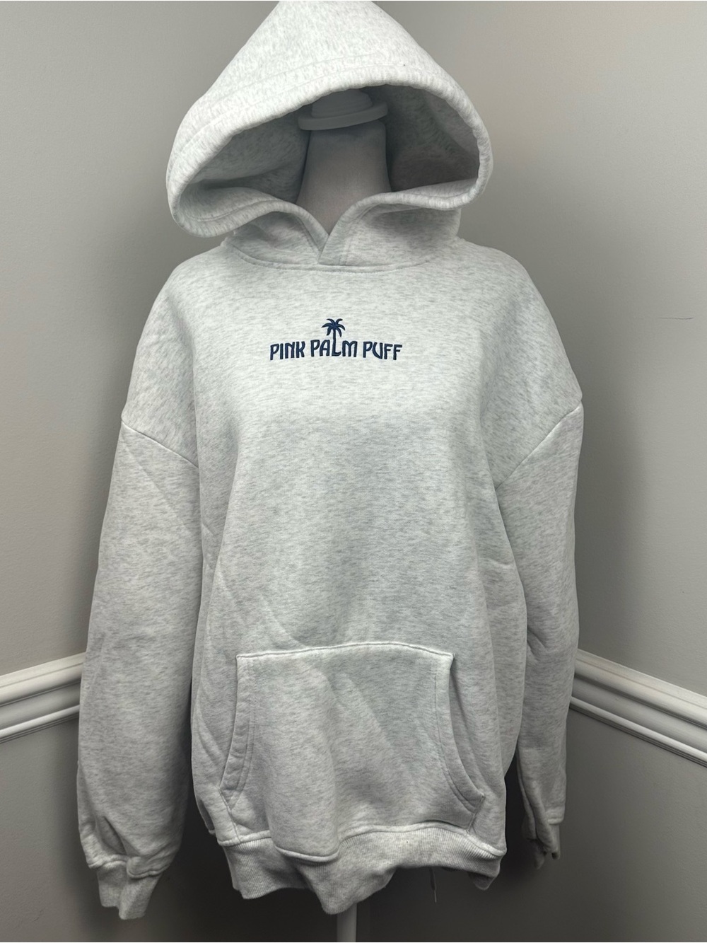 Pink Palm Puff Light Gray Logo Hoodie M